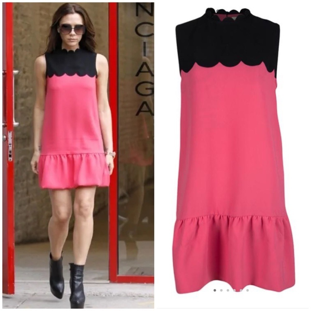 NWOT VICTORIA Victoria Beckham Scalloped Pink & Black Mini Dress Size 8
